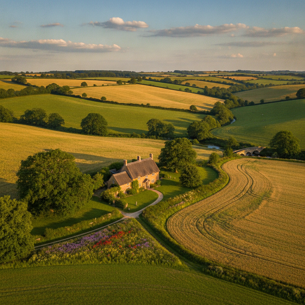 A house with a large green acre of land in the British countryside under a sunny sky
