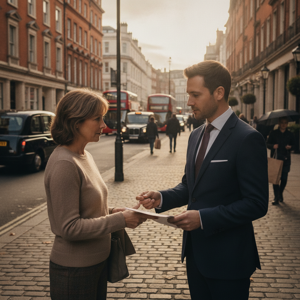 Estate agent talking to a homeowner outside a house, discussing offers