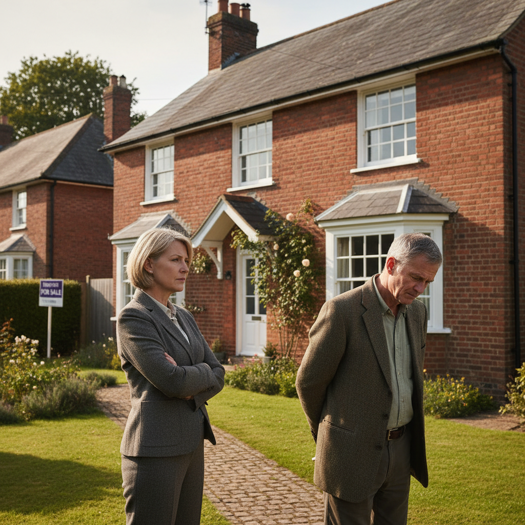 Two people standing outside a UK house, one looking keen to sell and the other hesitant, representing a dispute about property sale.