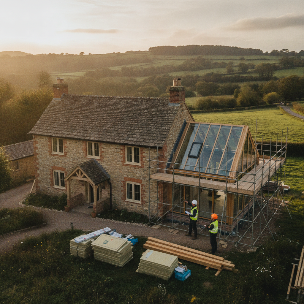A house undergoing renovation, with a builder and homeowner discussing plans with a building inspector.