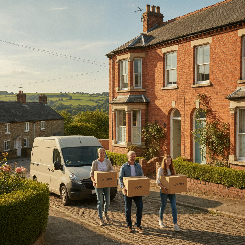 Family moving boxes into a new house on completion day