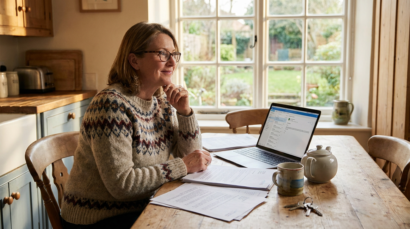 Homeowner reviewing conveyancing paperwork at a kitchen table