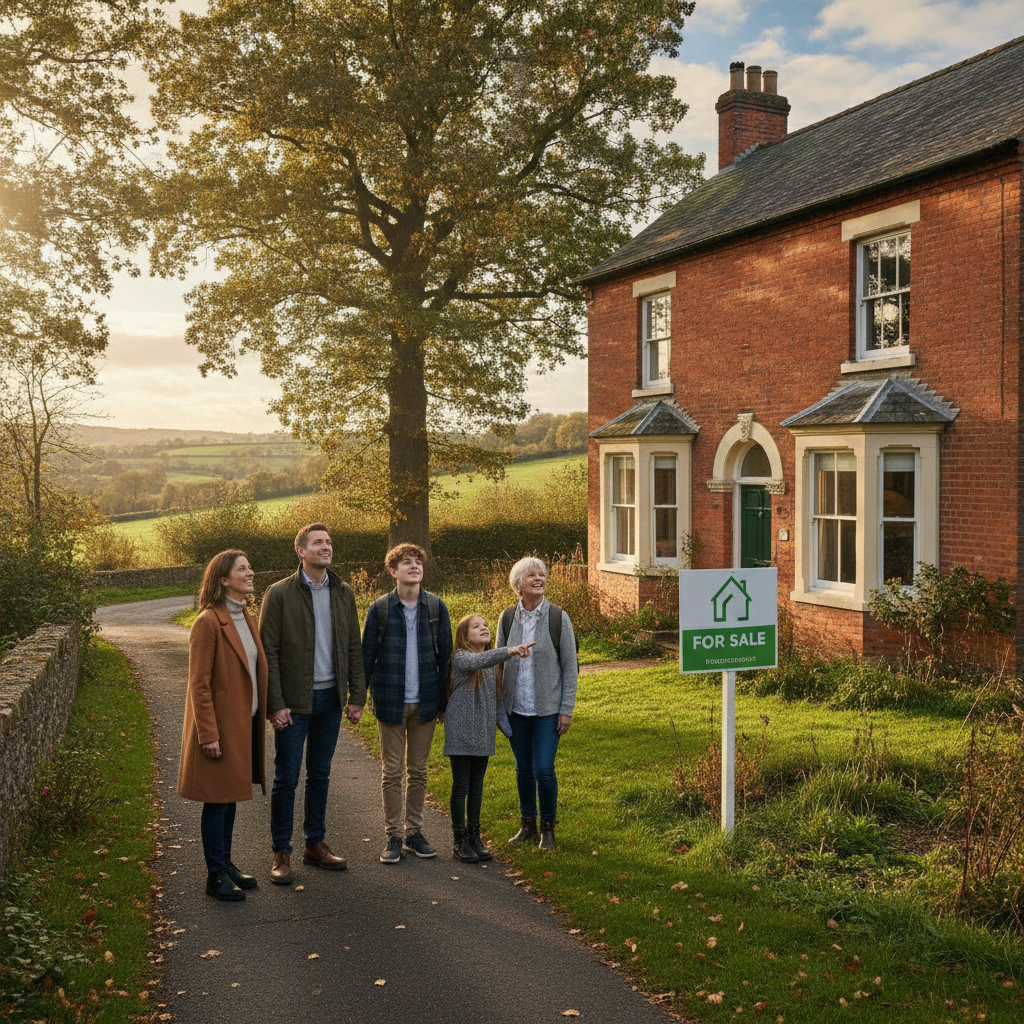 Family looking at a house for sale with a 'for sale' sign