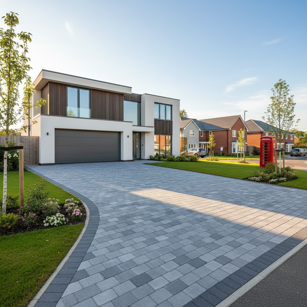 Modern house with a new block paving driveway