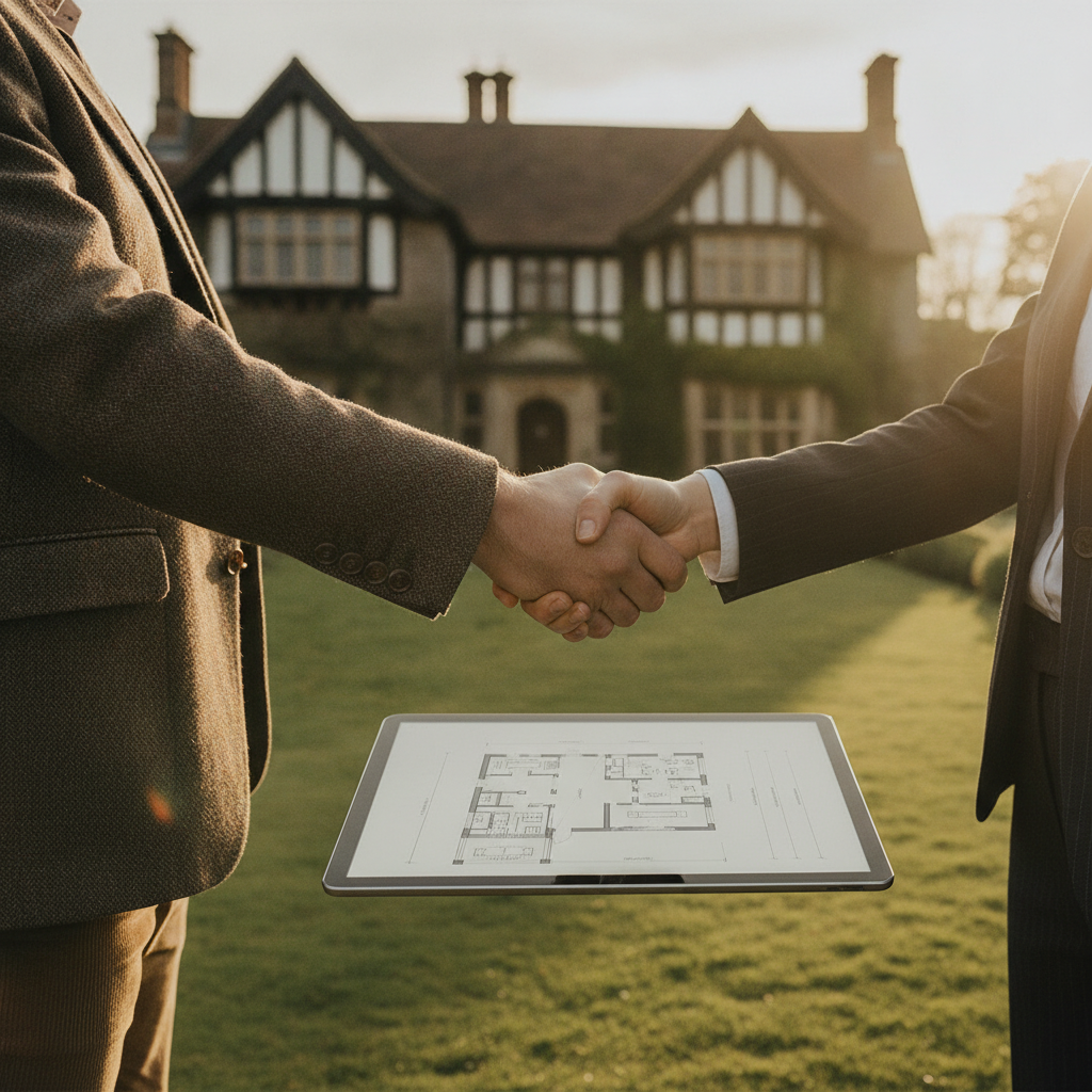 Two people shaking hands over a property document, symbolising a fast house sale.