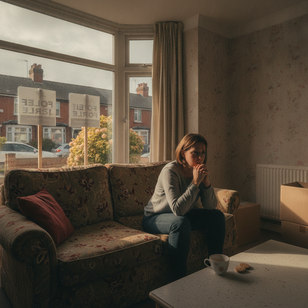 Person looking stressed while sitting on a sofa in a home with 'For Sale' signs