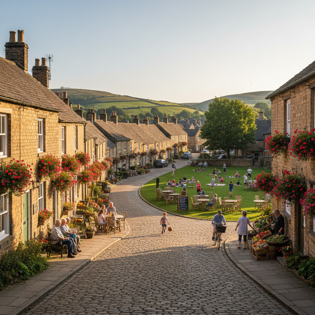 A peaceful street in a northern UK town with affordable terraced houses and a green space.