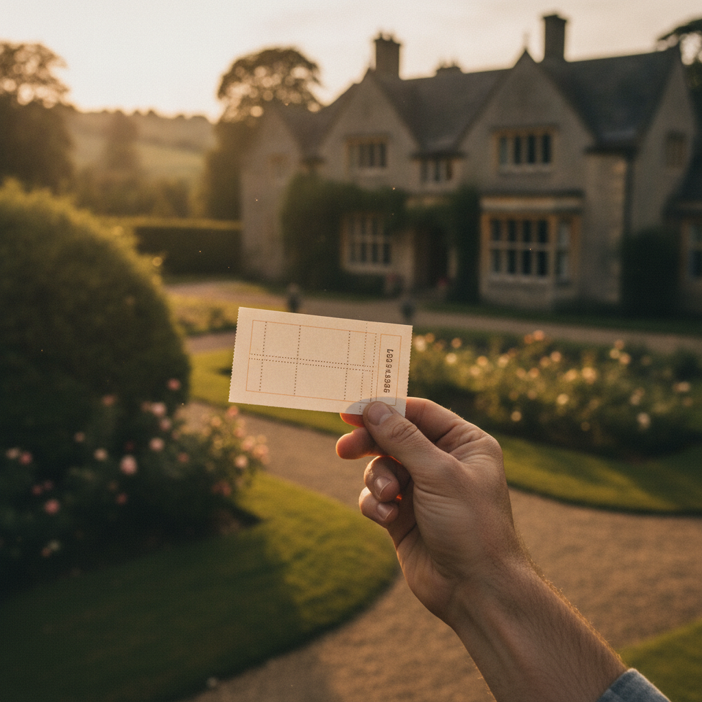 Hand holding a raffle ticket with a dream house in the background