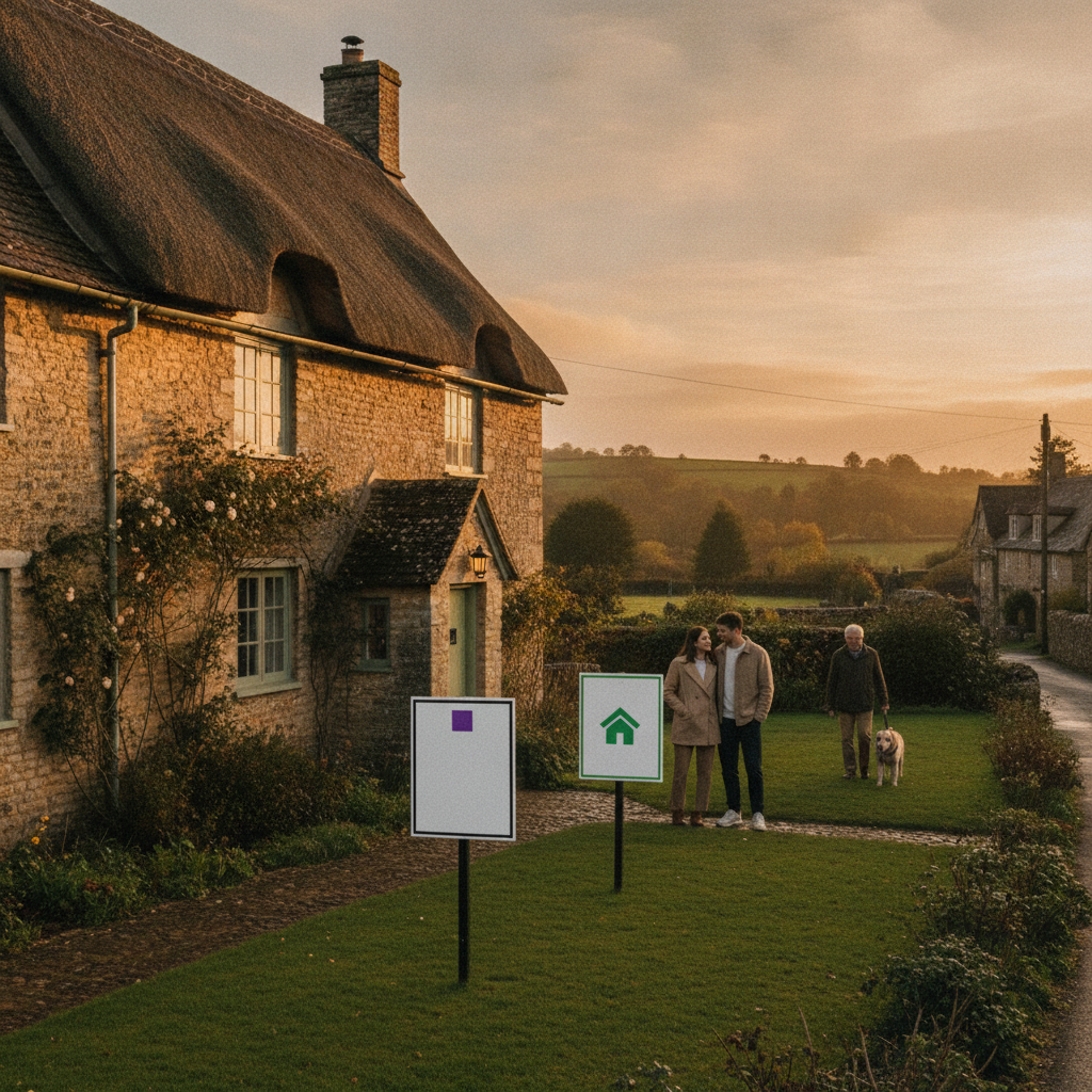 Comparison between Purplebricks and traditional estate agent valuation signs outside a house