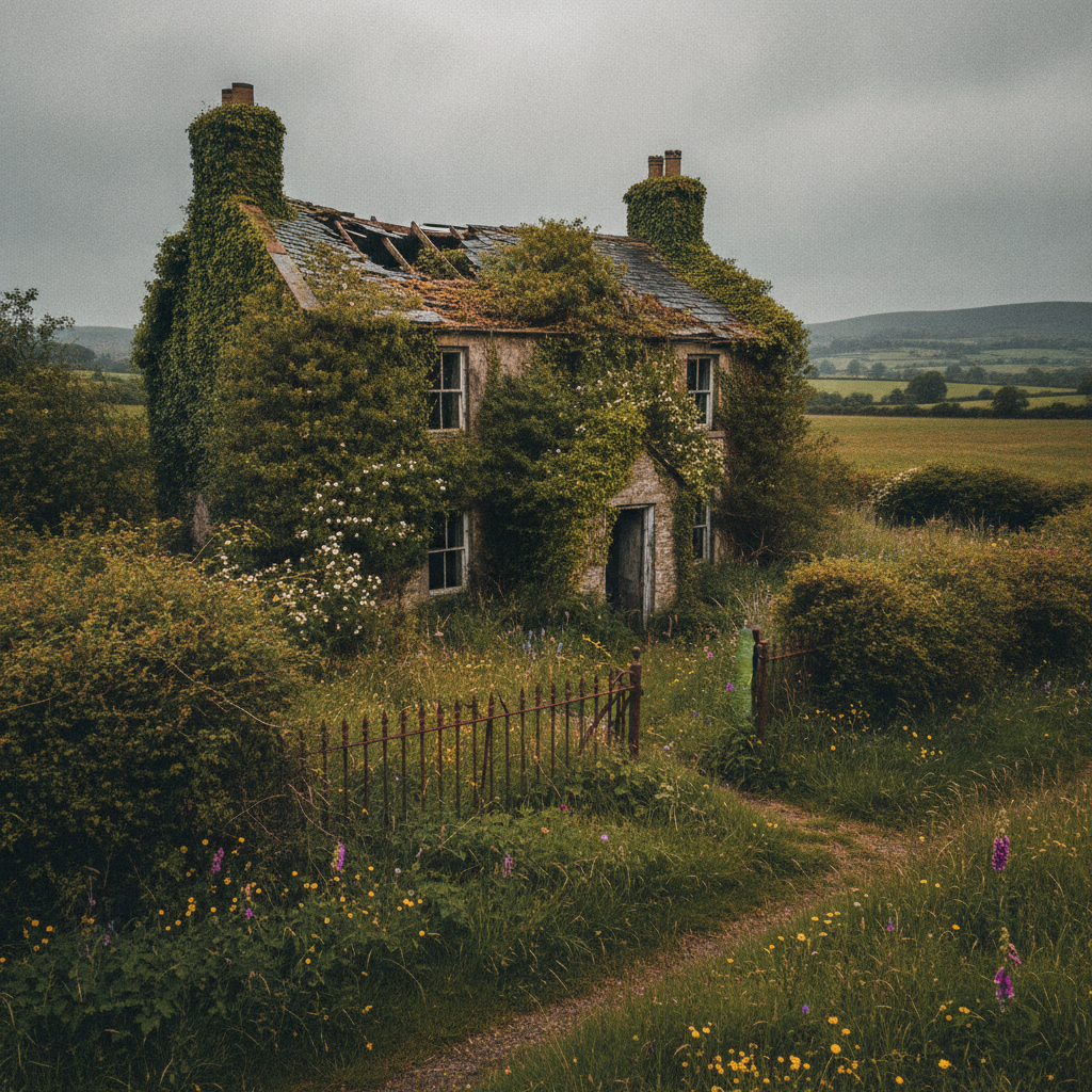 Derelict house with broken windows and overgrown garden in the UK