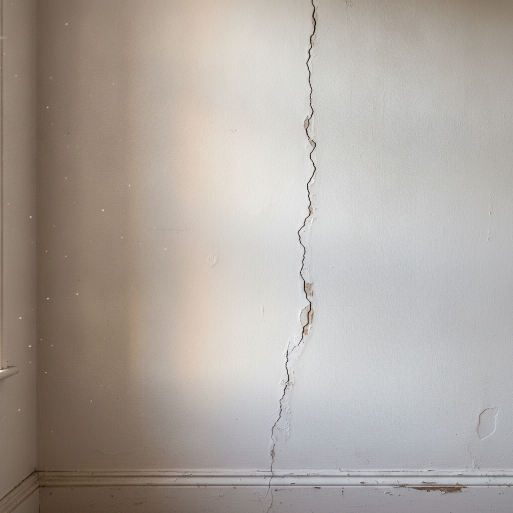 Diagonal crack in a white painted interior wall, indicative of subsidence.