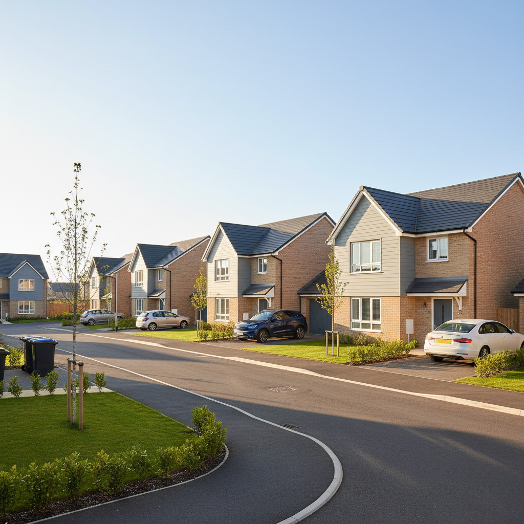 A row of modern new build houses with grey roofs and varied facades.