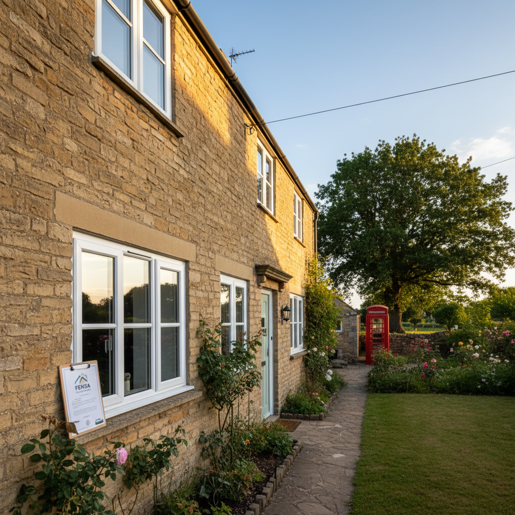 A house with recently installed windows, a FENSA certificate lying on a nearby table.
