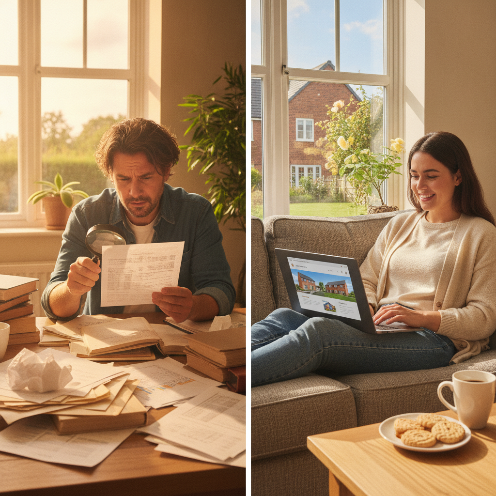 Woman looking puzzled at an estate agent contract and another person smiling while looking at a new property listing