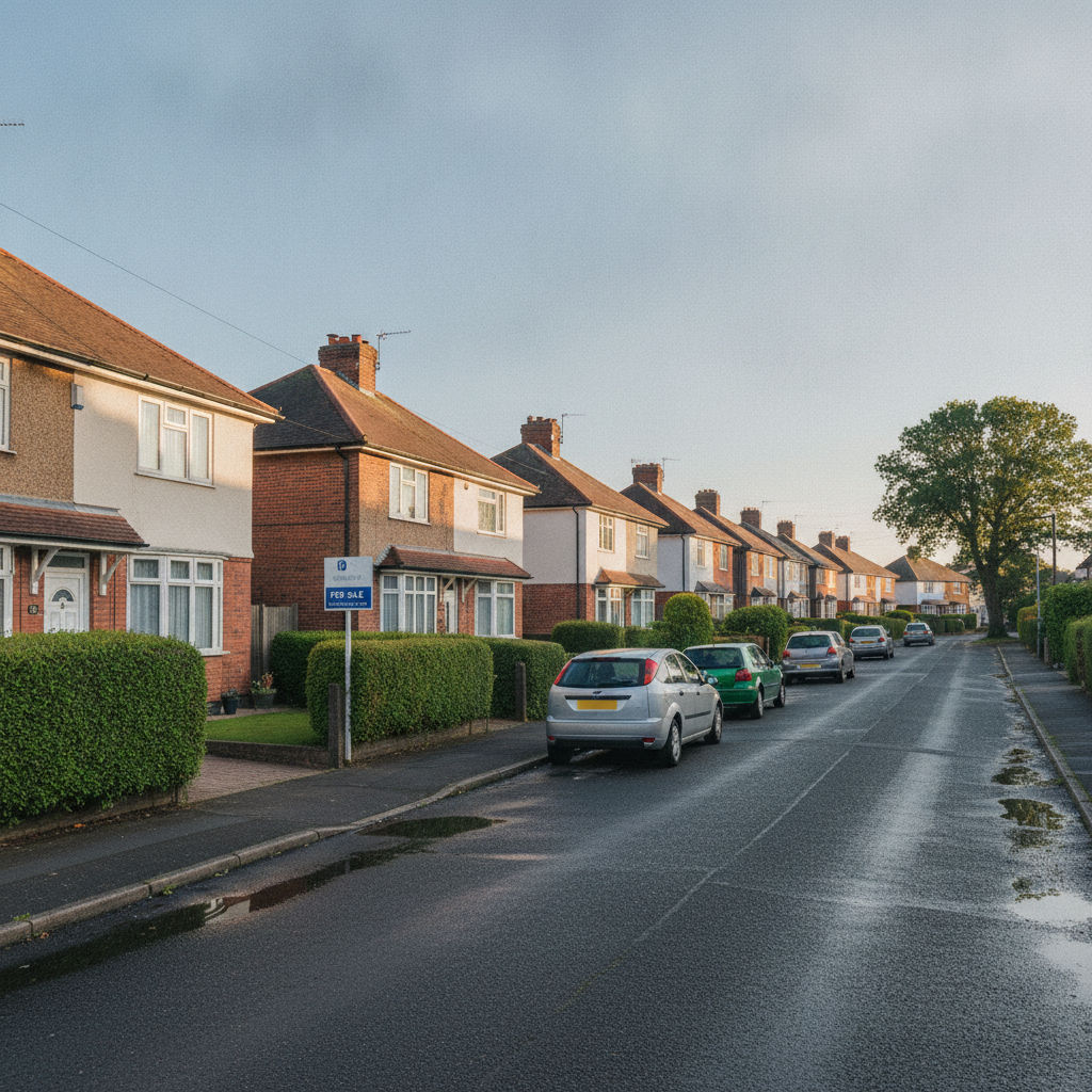 Quiet UK suburban street with a house for sale
