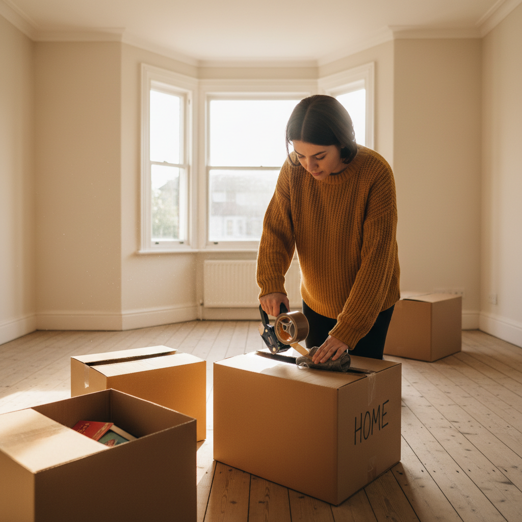 A cardboard moving box being taped shut in a bright, clean, and empty living room, symbolising moving out of a house in the UK.