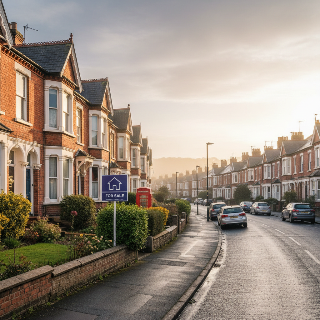 A 'For Sale' sign stands outside a typical British house on a residential street.